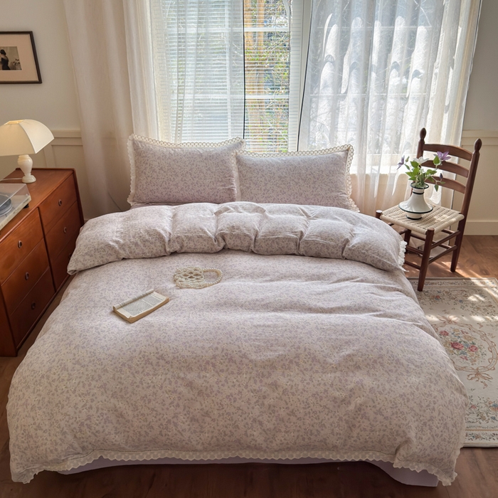 91家纺网 家纺一手货源 找家纺 曼之夏 2025新款A类全棉双层纱花边四件套 恩彩