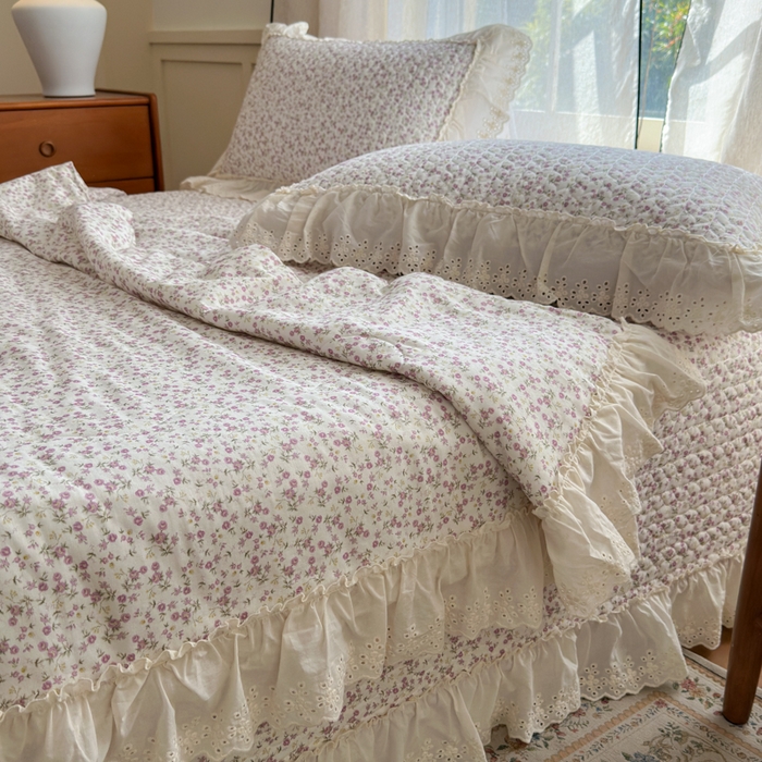 91家纺网 家纺一手货源 找家纺 淑女公社家纺  2025春夏新款法式纯棉双层纱夏被床盖四件套 悦颜 紫