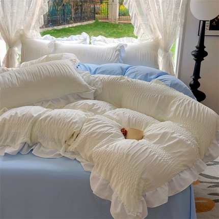 91家纺网 家纺一手货源 找家纺 （总）灰鲸2025新款泡泡纱公主风花边款四件套