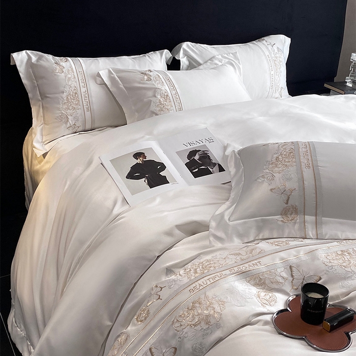 91家纺网 家纺一手货源 找家纺 优悦 2025新款冰丝简奢绣花四件套 巴黎旧梦-白