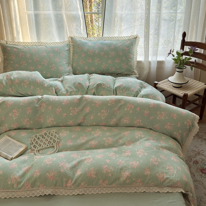 91家纺网 家纺一手货源 找家纺 曼之夏 2025新款A类全棉双层纱花边四件套 苏打绿