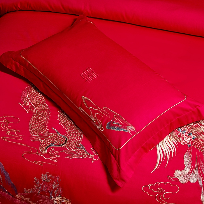 91家纺网 家纺一手货源 找家纺 晶缦家纺 2025新款喷气全棉13376婚庆绣花四件套 龙凤传玺