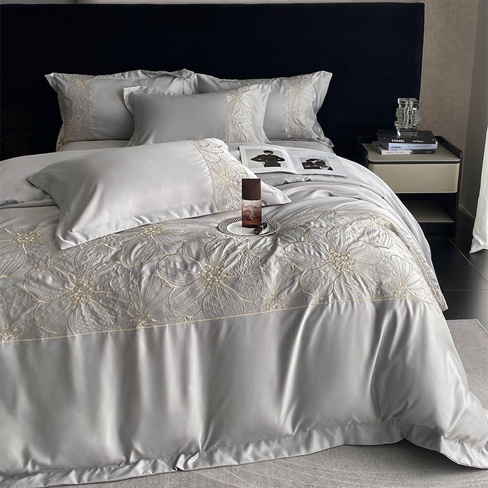 91家纺网 家纺一手货源 找家纺 优悦 2025新款冰丝简奢绣花四件套 北欧情调-灰