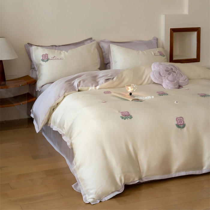 91家纺网 家纺一手货源 找家纺 FORTWO家纺原创设计（FOR TWO家纺） 2025新款60支兰精天丝毛巾绣四件套-断角款 心动