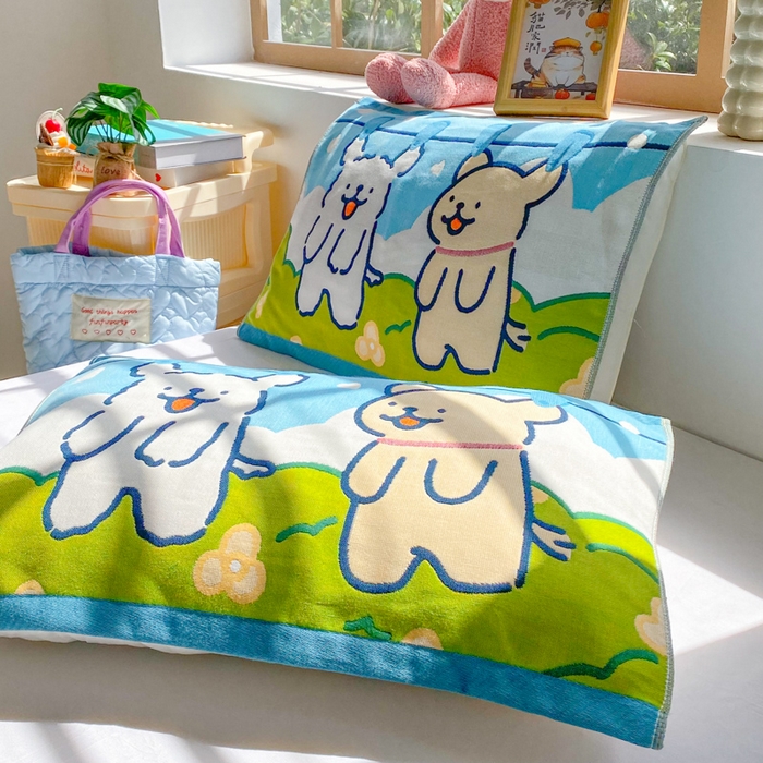 91家纺网 家纺一手货源 找家纺 美宜家 2025新款40*60儿童纯棉A类纱布枕巾乳胶专用高档枕巾 旺旺狗 一只