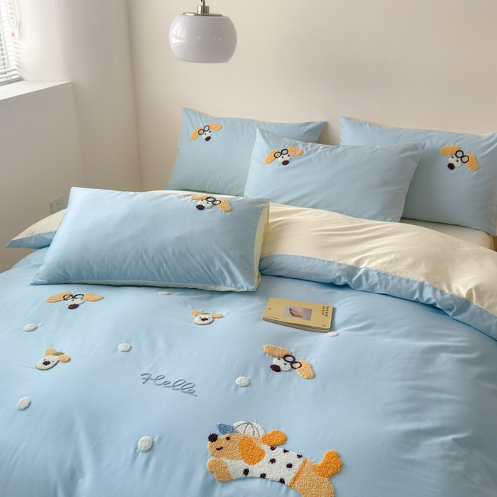 91家纺网 家纺一手货源 找家纺 （总）锦觅家纺 2025新款卡通小清新毛巾绣全棉纯棉四件套（大版定位花型）