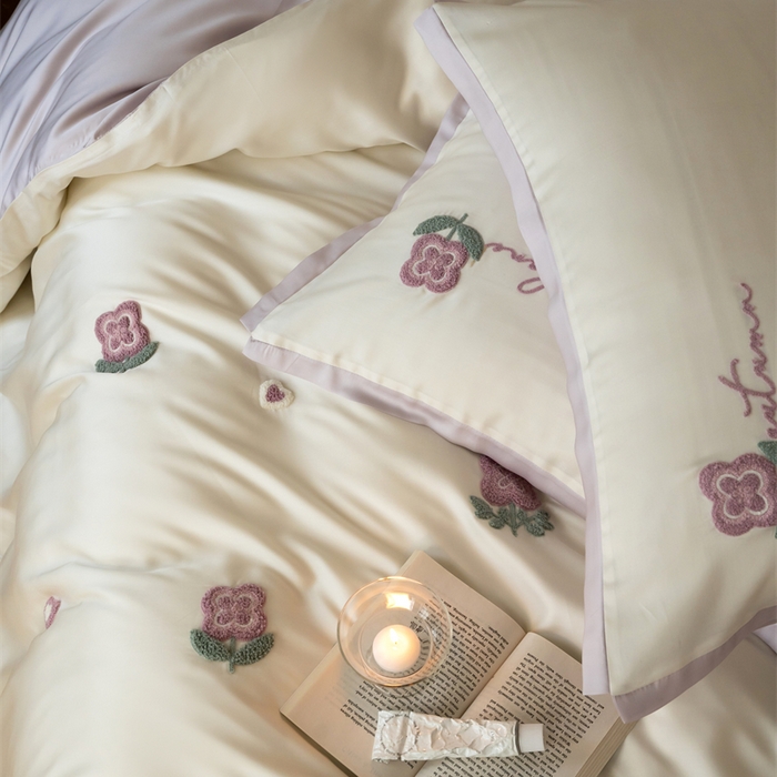 91家纺网 家纺一手货源 找家纺 FORTWO家纺原创设计（FOR TWO家纺） 2025新款60支兰精天丝毛巾绣四件套-断角款 心动