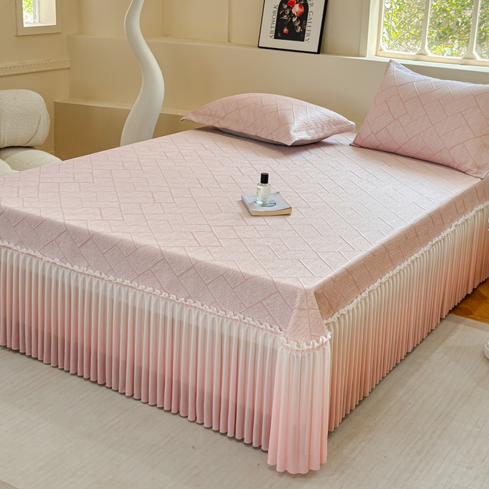 91家纺网 家纺一手货源 找家纺 棉生活家纺 2025新款高端款冰离子超软按摩凉席 方格-粉-床裙款