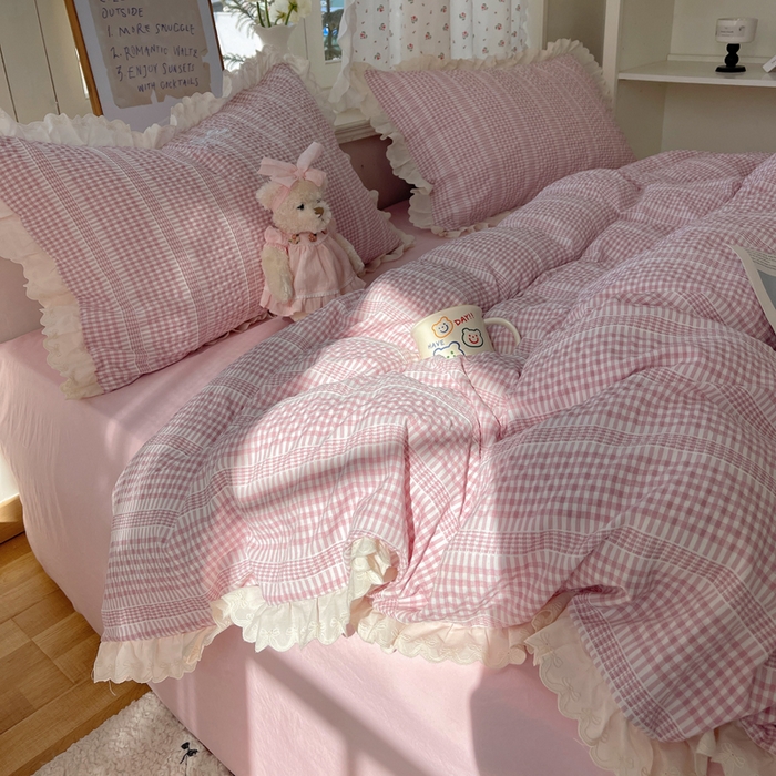 91家纺网 家纺一手货源 找家纺 （总）轻奢坊 2025新款色织提花格子水洗棉仙仙花边安妮四件套