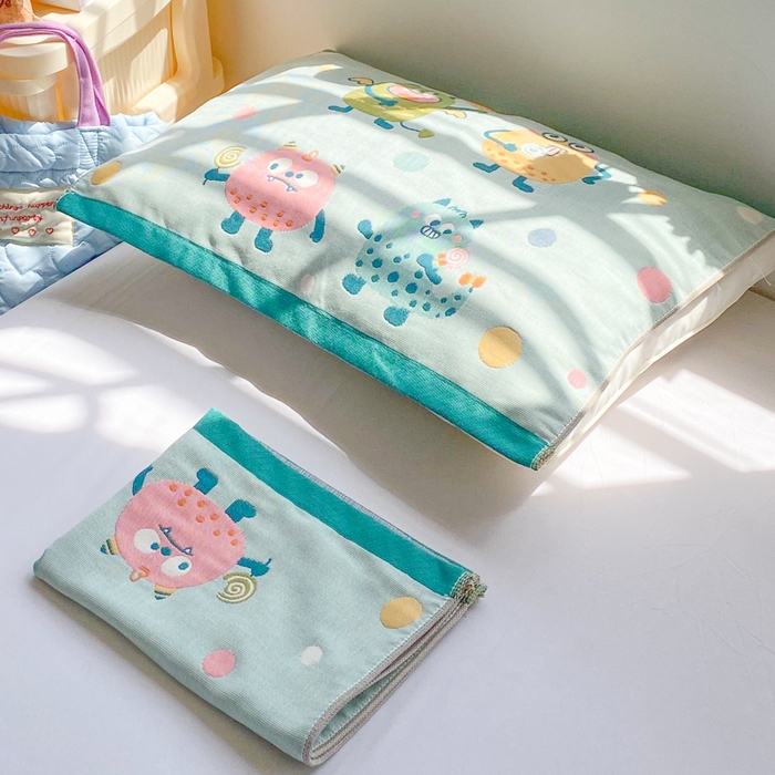 91家纺网 家纺一手货源 找家纺 美宜家 2025新款40*60儿童纯棉A类纱布枕巾乳胶专用高档枕巾 波点兽 一只