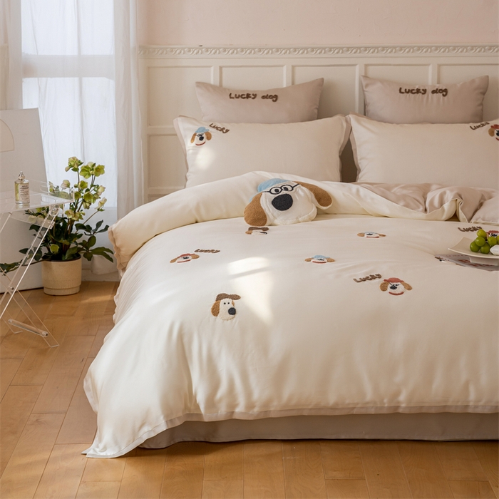 91家纺网 家纺一手货源 找家纺 FORTWO家纺原创设计（FOR TWO家纺） 2025新款60支兰精天丝毛巾绣四件套-断角款 狗先生