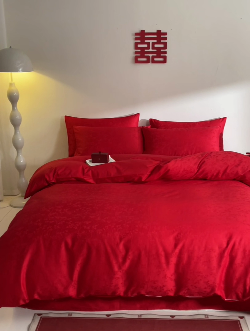 91家纺网 家纺一手货源 找家纺 琪格格纺织 2025新款纯棉婚庆四件套结婚用品提花简约婚庆 叶满良缘