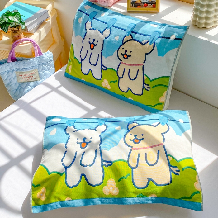 91家纺网 家纺一手货源 找家纺 美宜家 2025新款40*60儿童纯棉A类纱布枕巾乳胶专用高档枕巾 旺旺狗 一只