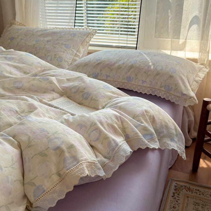 91家纺网 家纺一手货源 找家纺 曼之夏 2025新款A类全棉双层纱花边四件套 郁金香