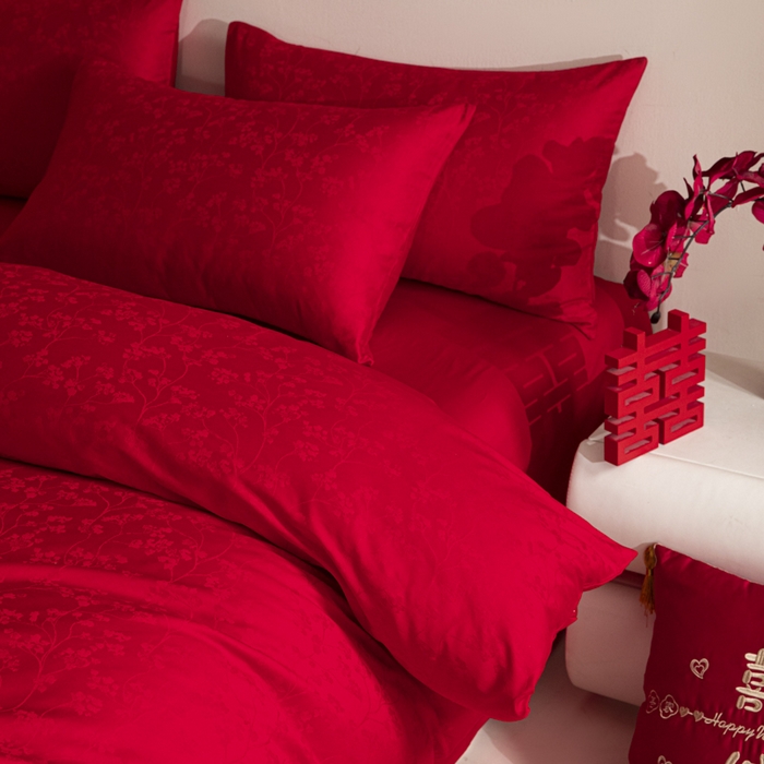 91家纺网 家纺一手货源 找家纺 琪格格纺织 2025新款纯棉婚庆四件套结婚用品提花简约婚庆 叶满良缘