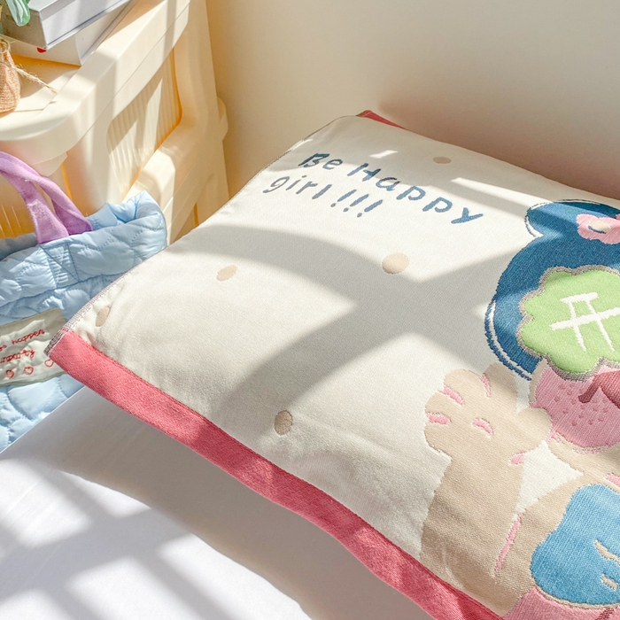 91家纺网 家纺一手货源 找家纺 美宜家 2025新款40*60儿童纯棉A类纱布枕巾乳胶专用高档枕巾 快乐 一只