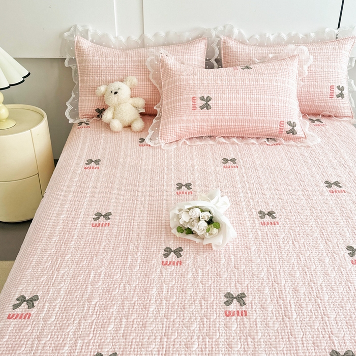 91家纺网 家纺一手货源 找家纺 添越 2024新款雪纺蕾丝款纯棉床盖四件套粉色蝴蝶结