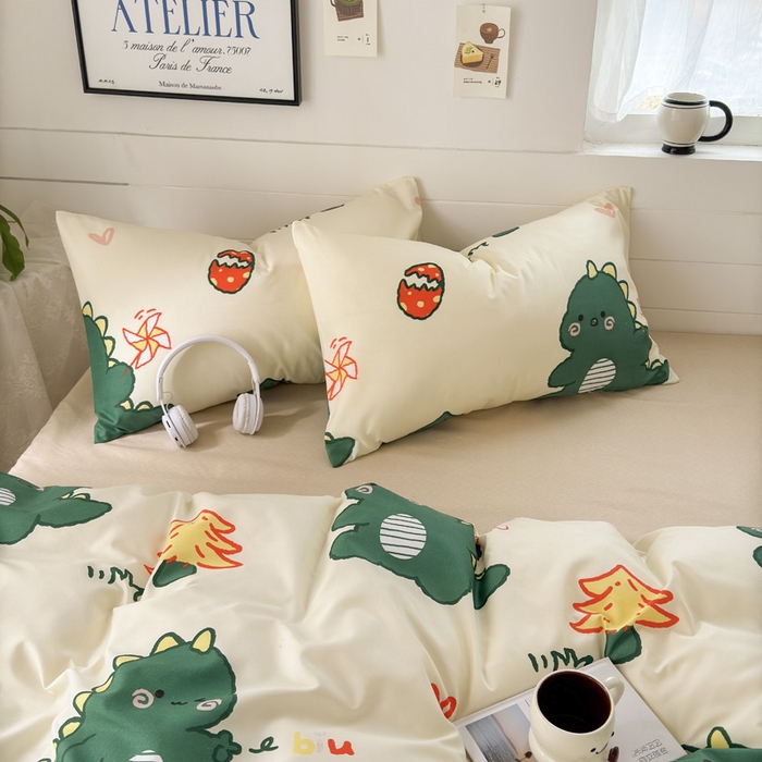 91家纺网 家纺一手货源 找家纺 可可家纺 2025新款印花卡通芦荟棉四件套亲肤床单被套三件套 恐龙宝宝