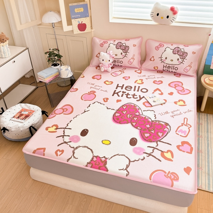 91家纺网 家纺一手货源 找家纺  博雅新款三丽欧A类大版数码印花1200D冰丝凉席-床笠款 甜酷KT