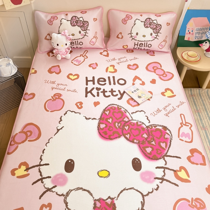 91家纺网 家纺一手货源 找家纺  博雅新款三丽欧A类大版数码印花1200D冰丝凉席-床笠款 甜酷KT