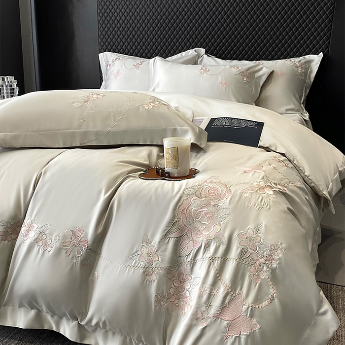 91家纺网 家纺一手货源 找家纺 优悦 2025新款冰丝简奢绣花四件套 雅韵佳人-绿