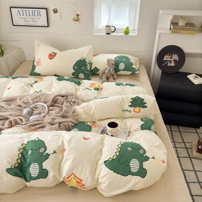 91家纺网 家纺一手货源 找家纺 可可家纺 2025新款印花卡通芦荟棉四件套亲肤床单被套三件套 恐龙宝宝