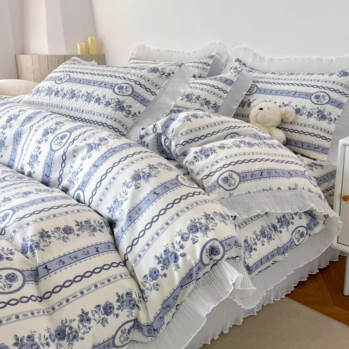91家纺网 家纺一手货源 找家纺 添越 2024小清新韩版蕾丝花边纯棉夹棉床盖三件套全棉静若幽兰