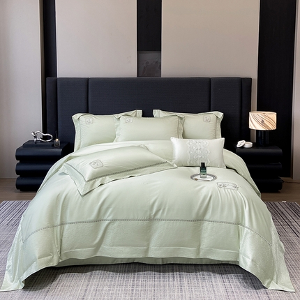 张公子婚庆馆 2025新款140支新疆长绒棉提花居家绣花工艺系列四件套-米娜（控价不低于388） 米娜-青草绿