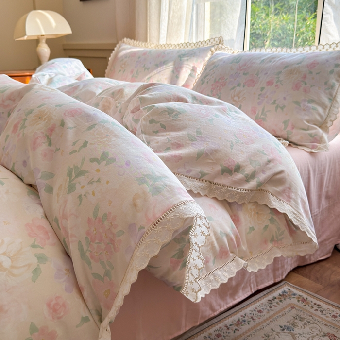 91家纺网 家纺一手货源 找家纺 曼之夏 2025新款A类全棉双层纱花边四件套 如梦令