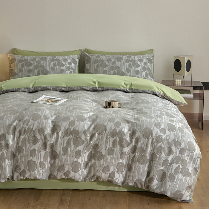 91家纺网 家纺一手货源 找家纺 琪格格纺织  2025新款色织天丝棉提花四件套 风之语-绿