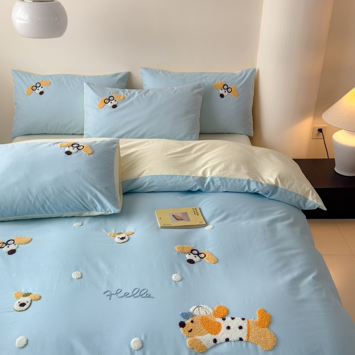 91家纺网 家纺一手货源 找家纺 （总）锦觅家纺 2025新款卡通小清新毛巾绣全棉纯棉四件套（大版定位花型）