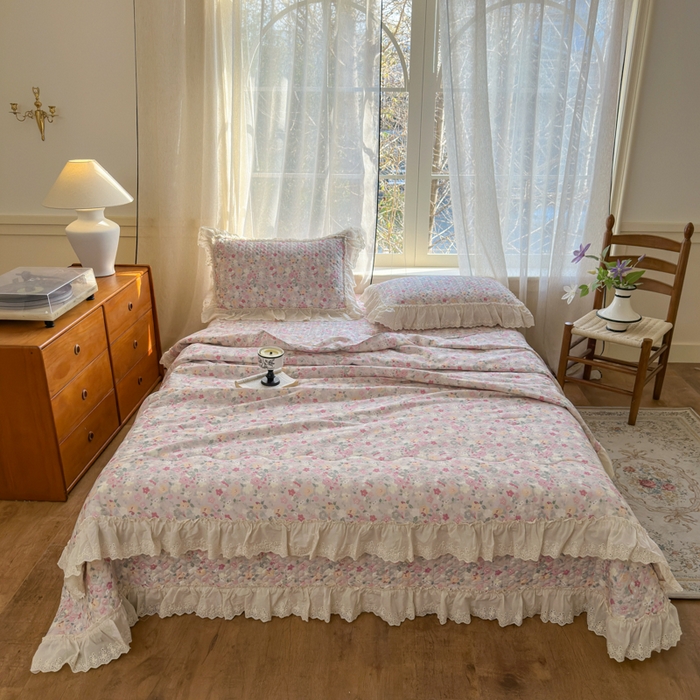 91家纺网 家纺一手货源 找家纺 淑女公社家纺  2025春夏新款法式纯棉双层纱夏被床盖四件套 繁花