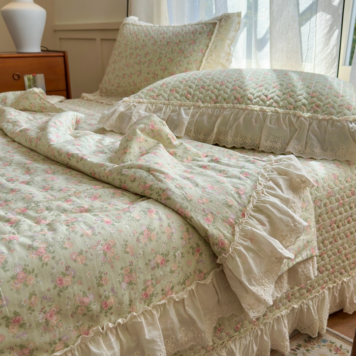 91家纺网 家纺一手货源 找家纺 淑女公社家纺  2025春夏新款法式纯棉双层纱夏被床盖四件套 春天里