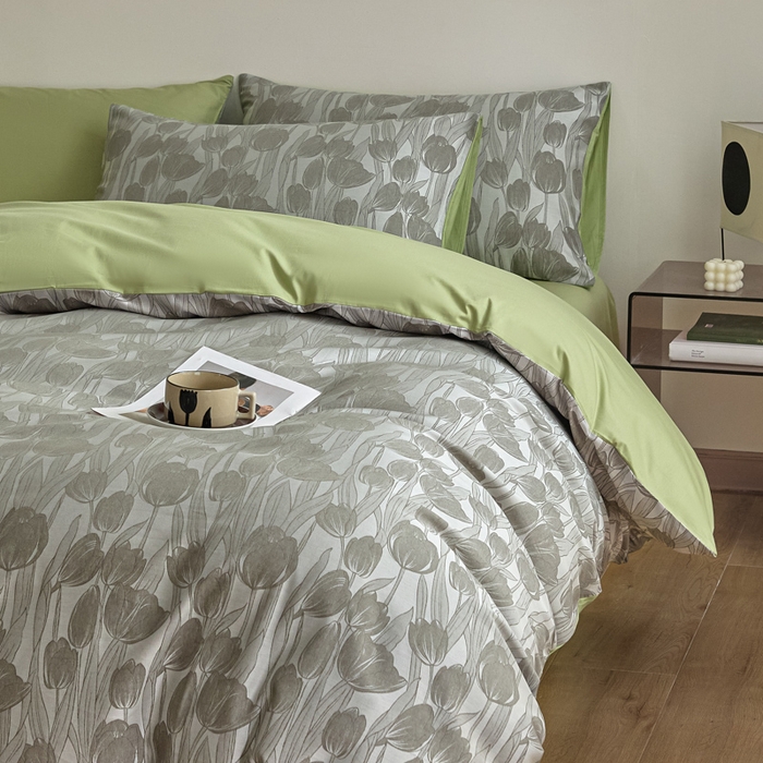 91家纺网 家纺一手货源 找家纺 琪格格纺织  2025新款色织天丝棉提花四件套 风之语-绿