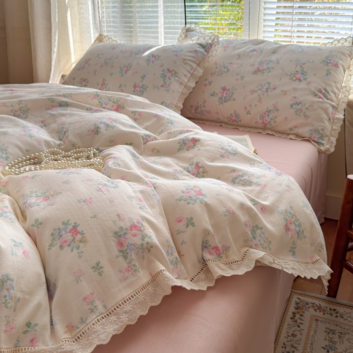 91家纺网 家纺一手货源 找家纺 曼之夏 2025新款A类全棉双层纱花边四件套 茉莉