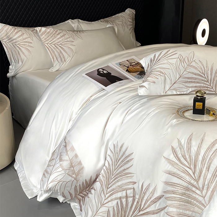 91家纺网 家纺一手货源 找家纺 优悦 2025新款冰丝简奢绣花四件套 流光岁月-白