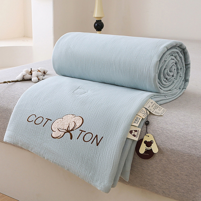 91家纺网 家纺一手货源 找家纺 2025新款A类全棉双层皱皱纱立体烫画纯色款大豆夏凉被空调被 绉绉-天蓝