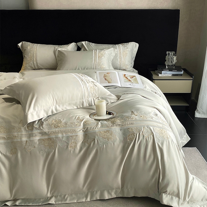 91家纺网 家纺一手货源 找家纺 优悦 2025新款冰丝简奢绣花四件套 巴黎旧梦-绿