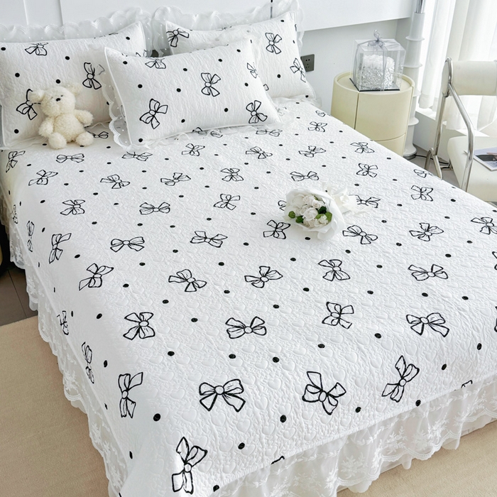 91家纺网 家纺一手货源 找家纺 添越 2024新款雪纺蕾丝款纯棉床盖四件套白色蝴蝶结