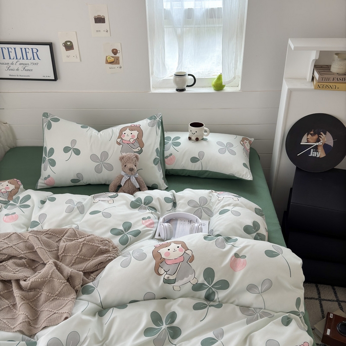 91家纺网 家纺一手货源 找家纺 可可家纺 2025新款印花卡通芦荟棉四件套亲肤床单被套三件套 花园女孩