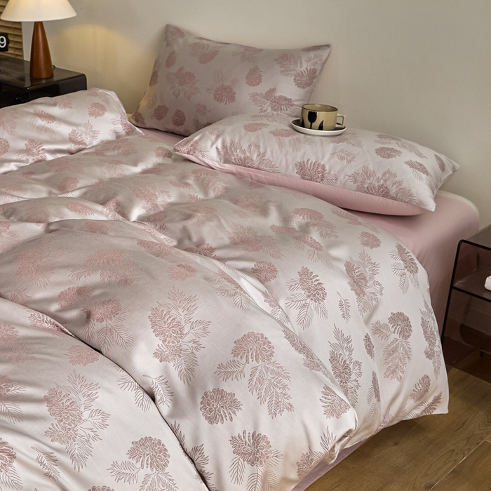 91家纺网 家纺一手货源 找家纺 琪格格纺织  2025新款色织天丝棉提花四件套 松林果-粉紫