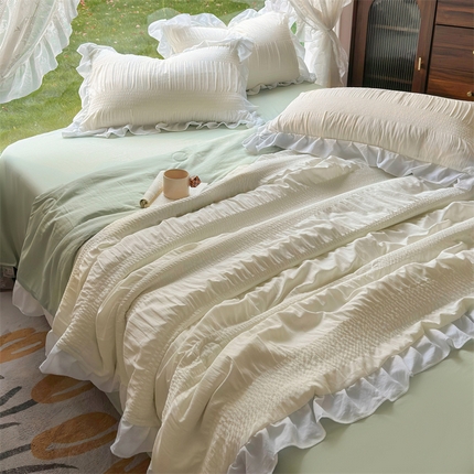 灰鲸2025新款泡泡纱公主风花边款夏被夏凉被空调被四件套系列 泡泡纱花边款-奶昔白+抹茶绿