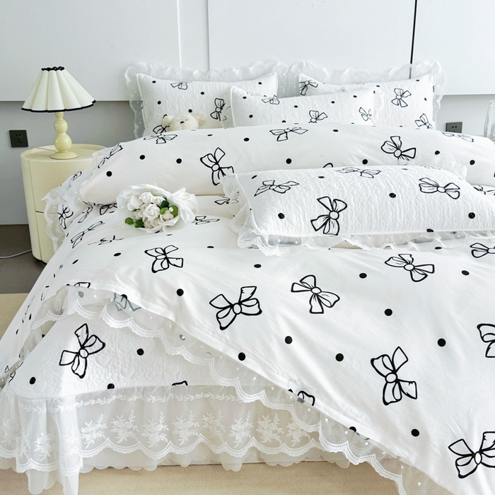 91家纺网 家纺一手货源 找家纺 添越 2024新款雪纺蕾丝款纯棉床盖四件套白色蝴蝶结