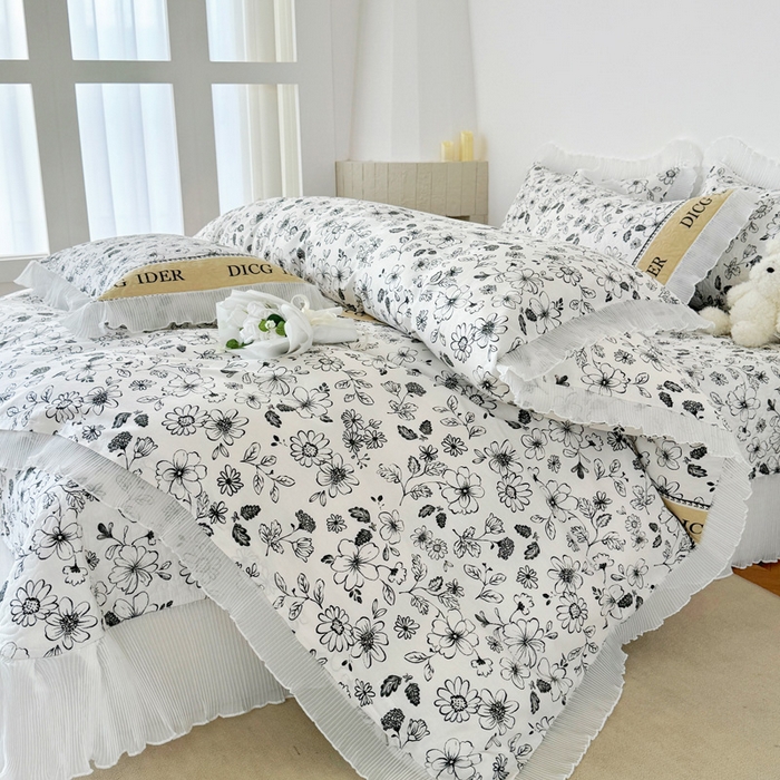 91家纺网 家纺一手货源 找家纺 添越 2024小清新韩版蕾丝花边纯棉夹棉床盖三件套全棉洛莉