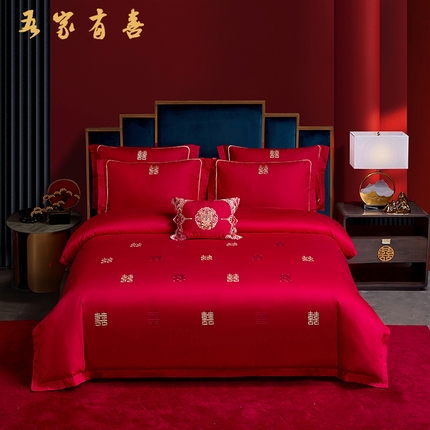 晶缦家纺 2025新款喷气全棉13376婚庆绣花四件套 吾家有喜