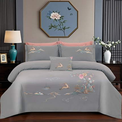 91家纺网 家纺一手货源 找家纺 浩情国际婚庆供货中心 2026新款100支全棉高端刺绣四件套一鹿常红系列 一鹿常红-气质灰