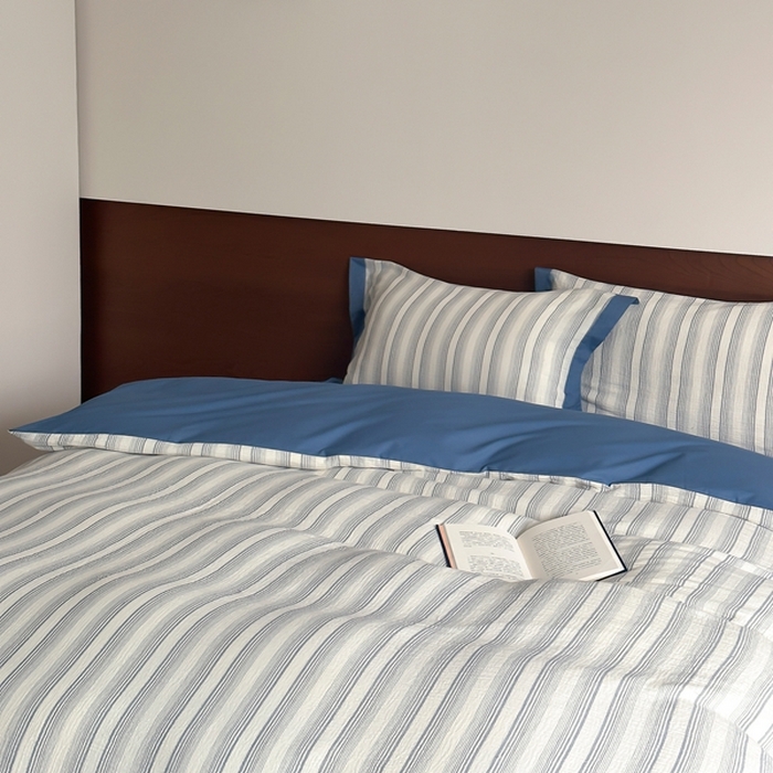 91家纺网 家纺一手货源 找家纺 旷野2025新款全棉纯棉A类婴幼儿级双层纱皱皱纱四件套 理想三旬-蓝