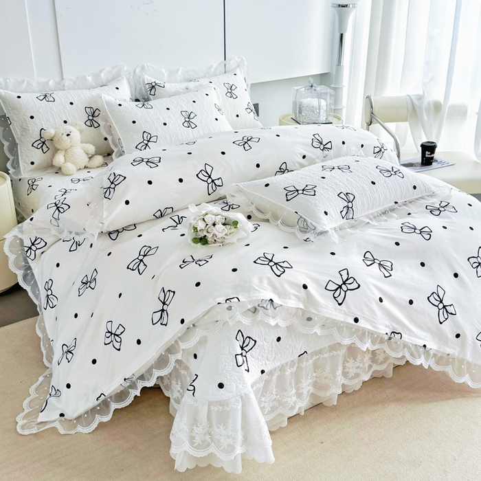 91家纺网 家纺一手货源 找家纺 添越 2024新款雪纺蕾丝款纯棉床盖四件套白色蝴蝶结
