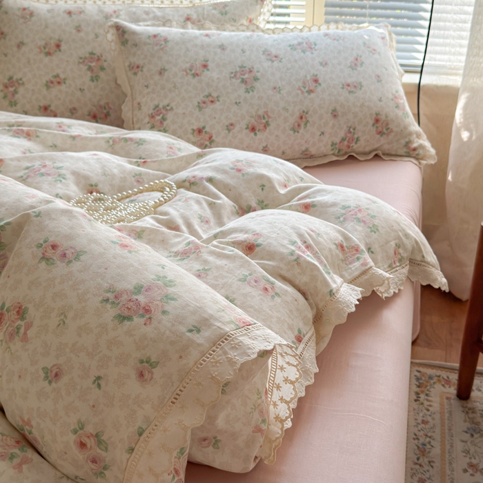 91家纺网 家纺一手货源 找家纺 曼之夏 2025新款A类全棉双层纱花边四件套 洛神玫瑰