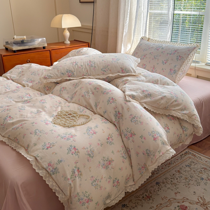 91家纺网 家纺一手货源 找家纺 曼之夏 2025新款A类全棉双层纱花边四件套 茉莉